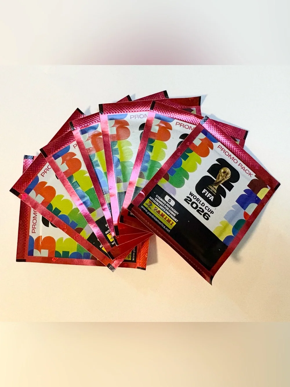 2026 FIFA World Cup Panini Sticker Promo Pack. 5 Stickers Per Pack. 7 Packs Per
